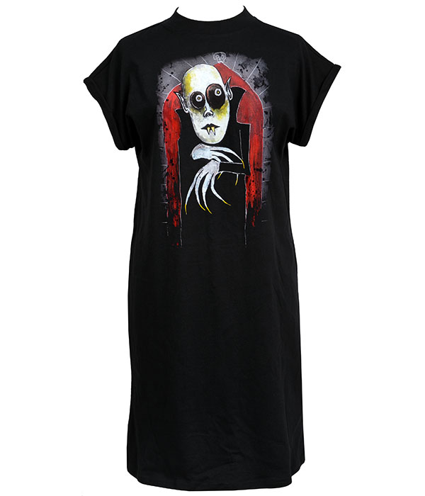 Black women’s gothic t-shirt dress featuring Nosferatu vampire artwork by Paul Raggity with pale face, fangs, clawed hands and red gothic arch background.