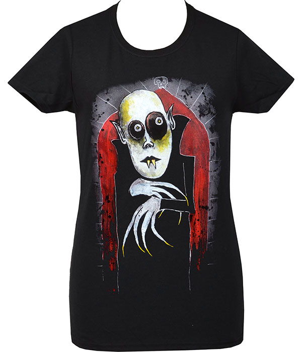 Black women’s gothic t-shirt featuring Nosferatu vampire artwork by Paul Raggity with pale face, hollow eyes, fangs, clawed hands and red gothic arch background.