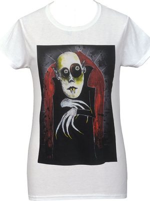 White women’s gothic t-shirt featuring Nosferatu vampire artwork by Paul Raggity with pale face, hollow eyes, fangs, clawed hands and red gothic arch design.