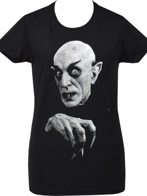 Black women’s fitted t-shirt with black-and-white Nosferatu graphic featuring Count Orlok’s eerie face and clawed hand.
