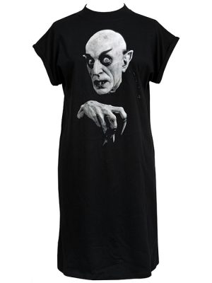 Black women’s t-shirt dress with a bold black-and-white Nosferatu print featuring Count Orlok’s eerie face and clawed hand.