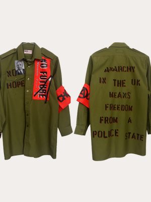 Men’s olive green Seditionaries reproduction shirt with No Future panel and punk graphics on the front