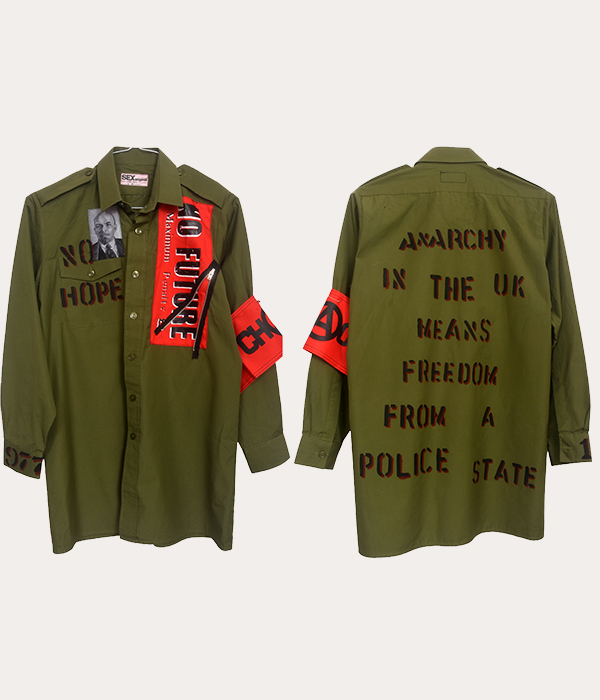 Men’s olive green Seditionaries reproduction shirt with No Future panel and punk graphics on the front