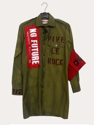 Men’s olive green Seditionaries reproduction shirt with red No Future panel and long sleeve button-up design