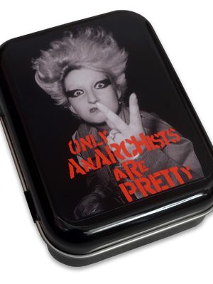 Black metal tin with punk photo design and red stencil text reading Only Anarchists Are Pretty.