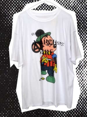 One-of-a-kind white Seditionaries style punk T-shirt with multicoloured character artwork, hand stencilled black lettering and inside-out construction.