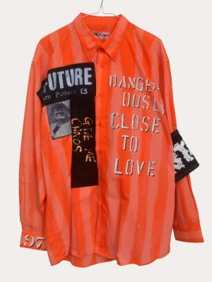 Menβs one-off Seditionaries reproduction shirt in orange with No Future, Give Me Chaos, and Dangerously Close To Love graphics