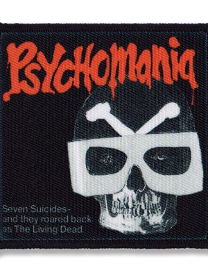 Psychomania sew-on patch featuring skull graphic with white death mask and dripping red text.