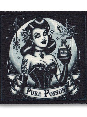 Pure Poison patch featuring a gothic pin-up with poison bottle and spiderweb details.