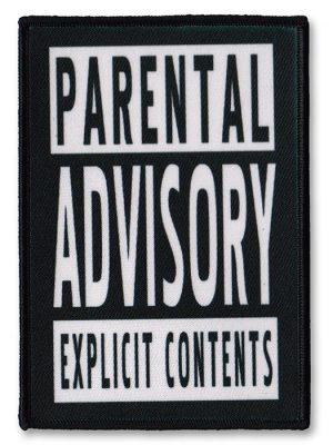 Black and white Parental Advisory Explicit Content sew-on patch with bold text and stitched border.