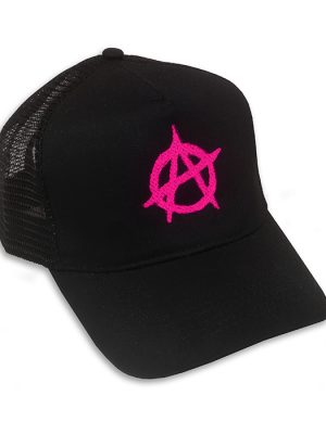 Black mesh trucker cap with bright pink embroidered anarchy symbol on the front.