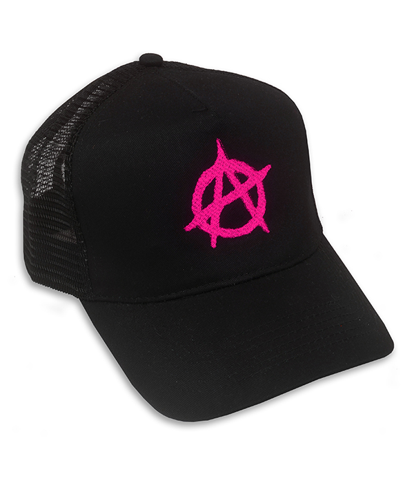 Black mesh trucker cap with bright pink embroidered anarchy symbol on the front.