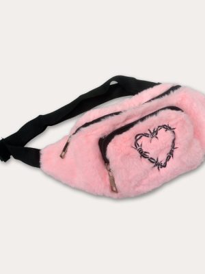 Baby pink fluffy faux fur bum bag with black embroidered barbed wire heart, black zip compartments and adjustable black strap.