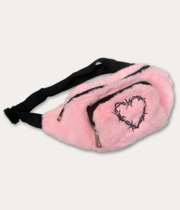 Baby pink fluffy faux fur bum bag with black embroidered barbed wire heart, black zip compartments and adjustable black strap.