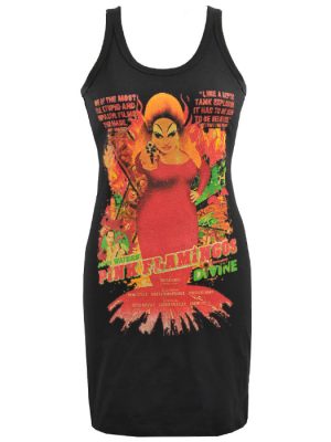 Black sleeveless fitted mini dress with scoop neckline featuring Divine in a red dress with orange hair, holding a pistol against colourful Pink Flamingos film poster artwork.