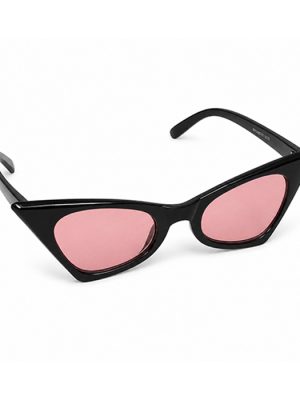 Black angular cat eye sunglasses with pink tinted lenses on a white background.