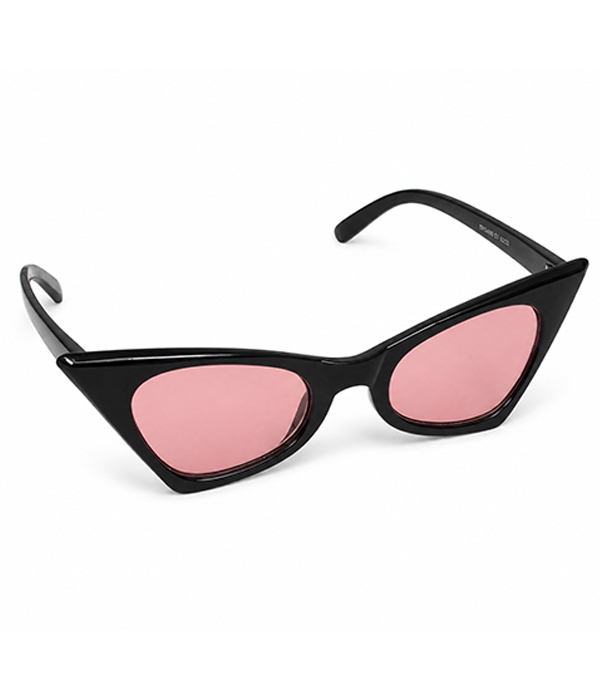 Black angular cat eye sunglasses with pink tinted lenses on a white background.