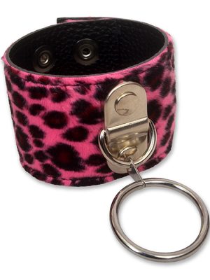 Pink leopard print O ring wrist cuff made from faux fur and black PU leather, shown fastened with adjustable press studs and a large silver metal ring.