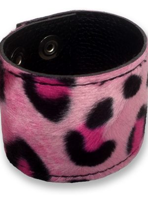 Light pink leopard print wrist cuff made from faux fur and black PU leather, shown fastened with adjustable press studs.
