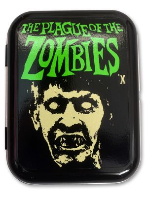 Black tin featuring vintage Plague of the Zombies poster artwork with green horror typography and zombie face design.