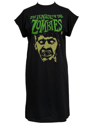 Black oversized women’s t-shirt dress with green Plague of the Zombies text and yellow zombie face graphic on the front