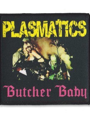 Black square sew-on patch featuring Plasmatics in yellow text, a central band image and Butcher Baby in pink gothic lettering.