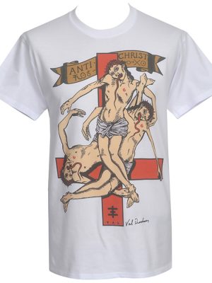 White Psychic TV Anti Christ men’s T-shirt featuring Val Denham artwork with figures, red cross design and Anti Christ banner.