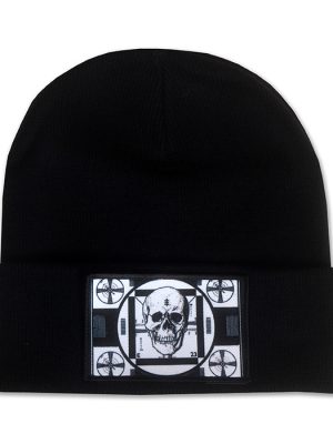 Black cuffed beanie hat featuring rectangular black and white skull test card style Psychic TV logo patch on the front.