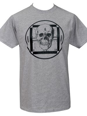 Men’s grey t-shirt featuring black skull and industrial test card graphic inside circular frame inspired by Psychic TV.