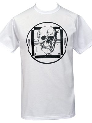 Men’s white t-shirt featuring a black skull graphic inside a circular test card style design inspired by Psychic TV.