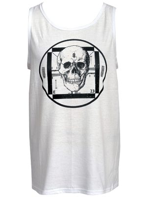 Men’s white sleeveless tank top with black skull and industrial test card graphic inside circular design inspired by Psychic TV.