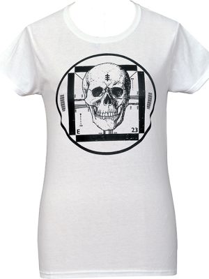 Women’s white t-shirt featuring black skull and industrial test card graphic inside circular frame inspired by Psychic TV.