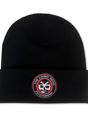 Black cuffed beanie hat featuring circular The Living Dead Psychomania skull logo patch on the front.