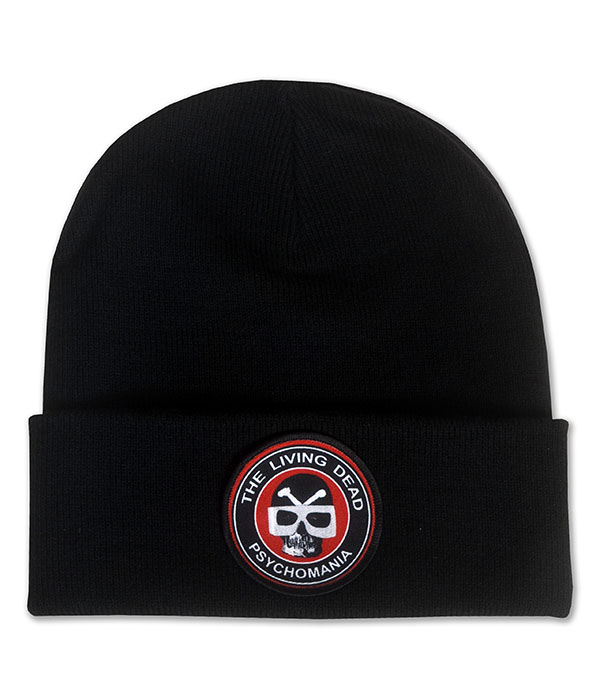 Black cuffed beanie hat featuring circular The Living Dead Psychomania skull logo patch on the front.