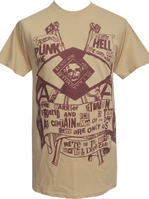 Sand coloured men’s T-shirt with large burgundy Seditionaries style Punk Hell graphic, anarchist slogans, skull and hand-drawn punk artwork.
