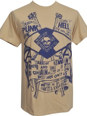 Off-white Punk Hell Seditionaries style T-shirt with large dark blue anarchist slogan, skull and punk collage print.