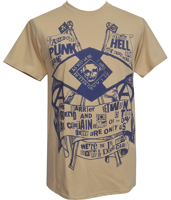 Off-white Punk Hell Seditionaries style T-shirt with large dark blue anarchist slogan, skull and punk collage print.