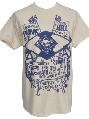 Off-white Punk Hell Seditionaries style T-shirt with large dark blue anarchist slogan, skull and punk collage print.