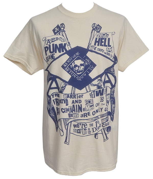 Off-white Punk Hell Seditionaries style T-shirt with large dark blue anarchist slogan, skull and punk collage print.