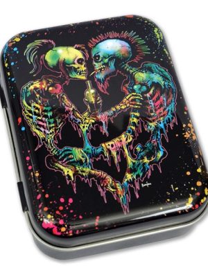 Gloss black metal tin with neon punk skeleton lovers forming a heart shape, splatter paint design and dripping effect artwork.