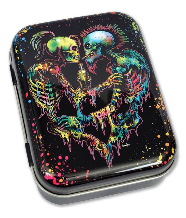 Gloss black metal tin with neon punk skeleton lovers forming a heart shape, splatter paint design and dripping effect artwork.