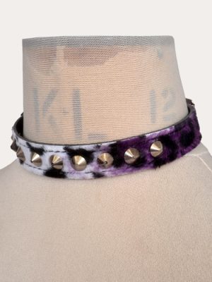 Purple, black and white leopard print adjustable punk collar with silver-tone cone studs, shown on a mannequin and laid flat.
