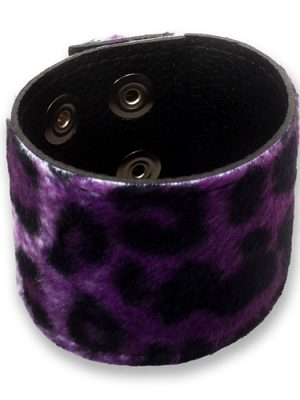 Purple leopard print wrist cuff made from faux fur and black PU leather, shown fastened with adjustable press studs.