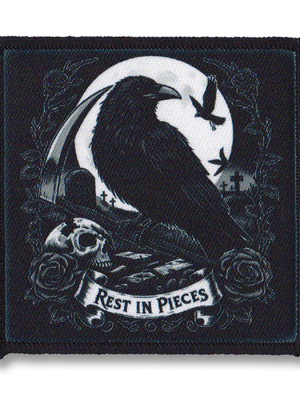 Gothic raven patch with skull, tombstones, and "Rest in Pieces" banner.