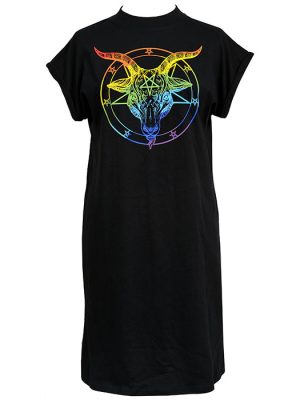 Black women’s t-shirt dress with a rainbow pentagram and Baphomet goat head design in vivid gradient colours.
