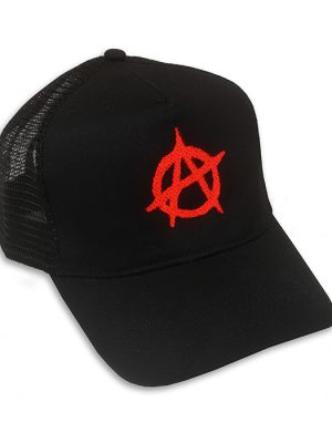 Black mesh trucker cap featuring bright red embroidered anarchy symbol on the front.
