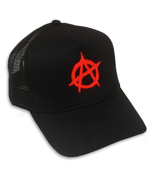 Black mesh trucker cap featuring bright red embroidered anarchy symbol on the front.