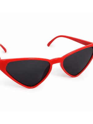 Red cat eye sunglasses with black lenses and pointed alternative punk style frames