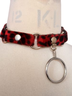 Red leopard print choker with silver o-ring hardware and hanging front ring detail, handmade in the UK and available in two sizes.