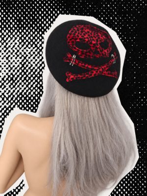 Red leopard print skull beret handmade in the UK by Poison Clothing.